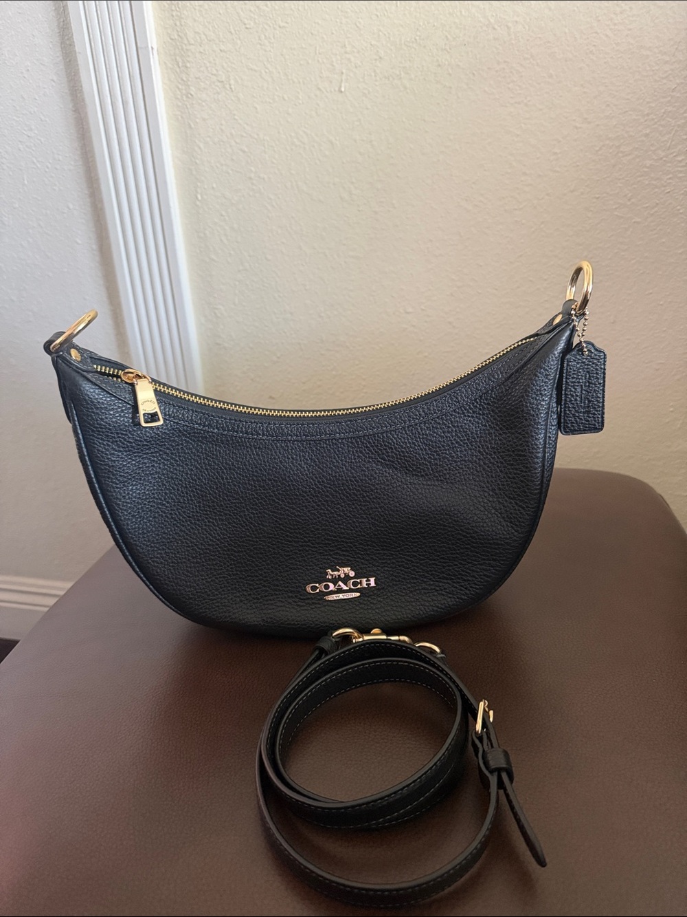 Coach Black Pebbled Leather Crescent Shoulder Bag with Gold Hardware
